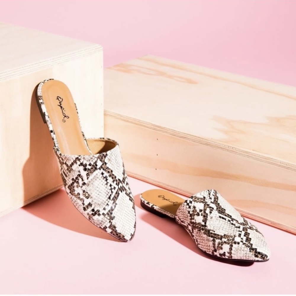 Qupid Brown Snakeskin Mules NWT